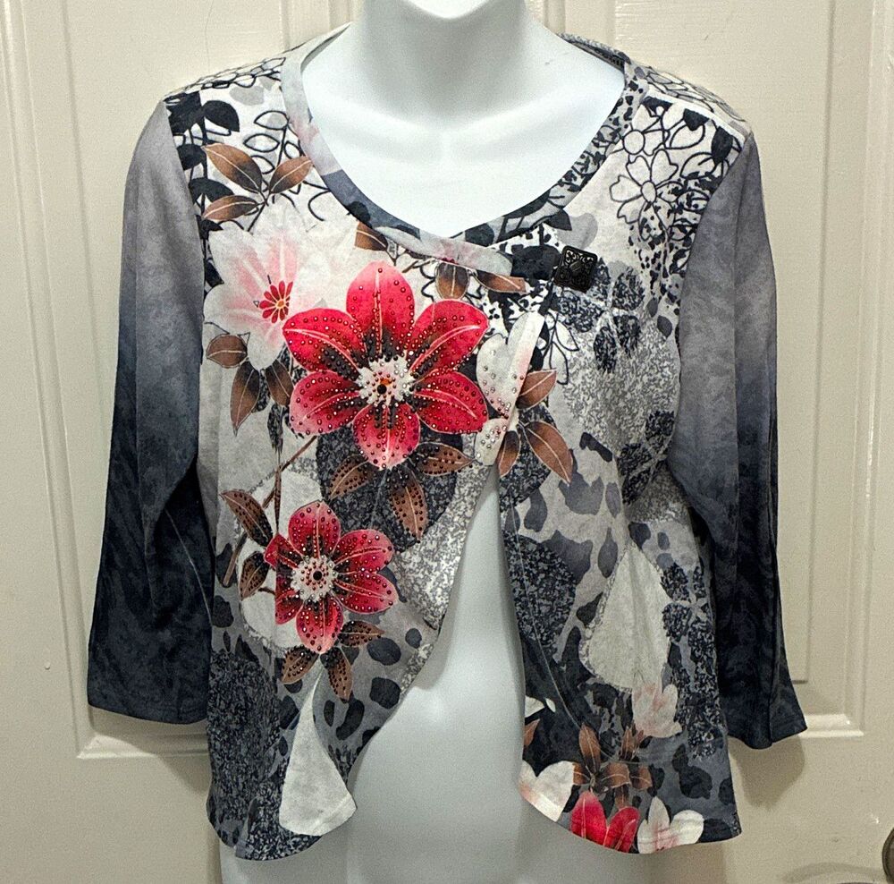 Christopher & Banks Floral Knit Tunic Blouse V-Neck 3/4 Sleeve P/L Gray Pink